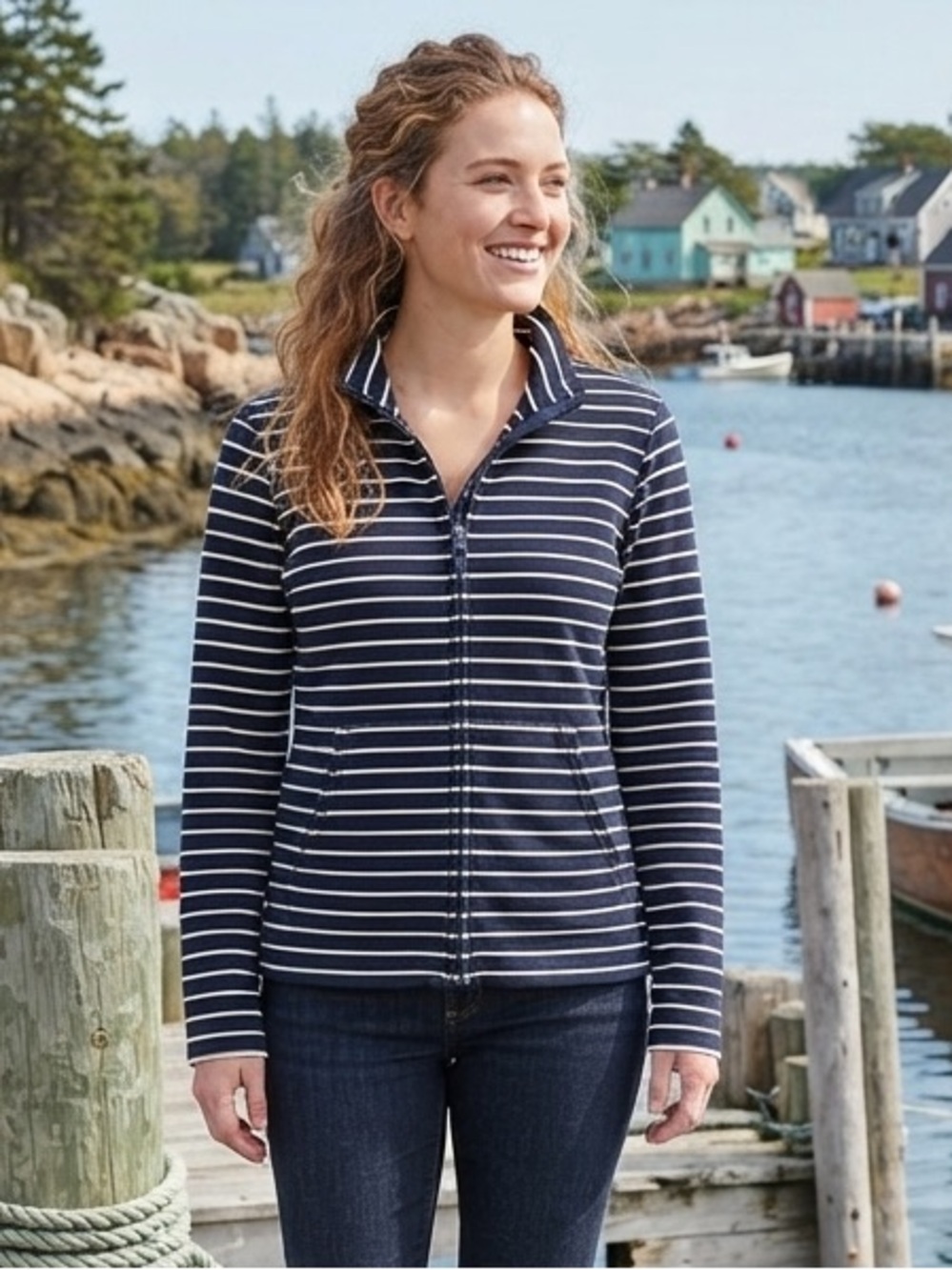 L.L. Bean Navy and White Striped Zip Cotton Coastal Travel Cardigan Jacket